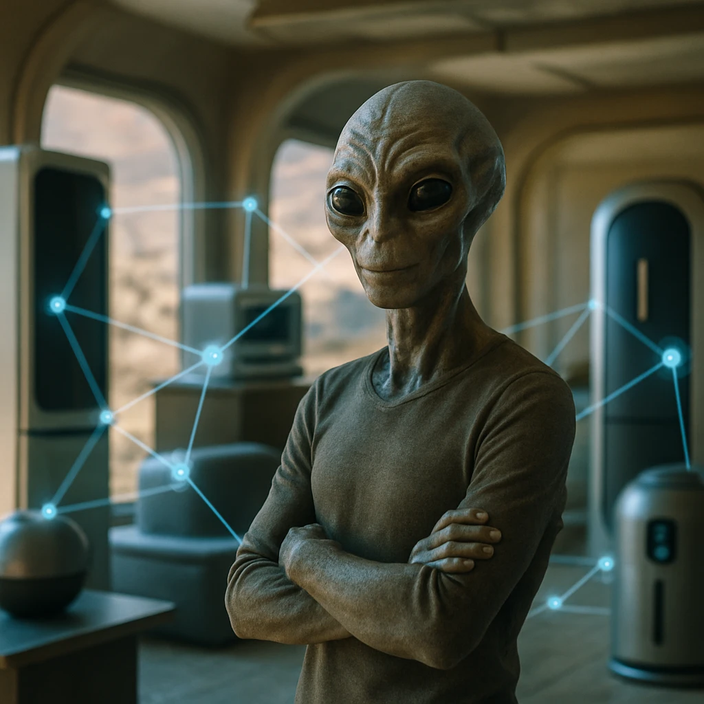 エクソリッド族の発明家ゼル＝リナスが未来的な家電が並ぶカルンの室内で誇らしげに立っている写真。