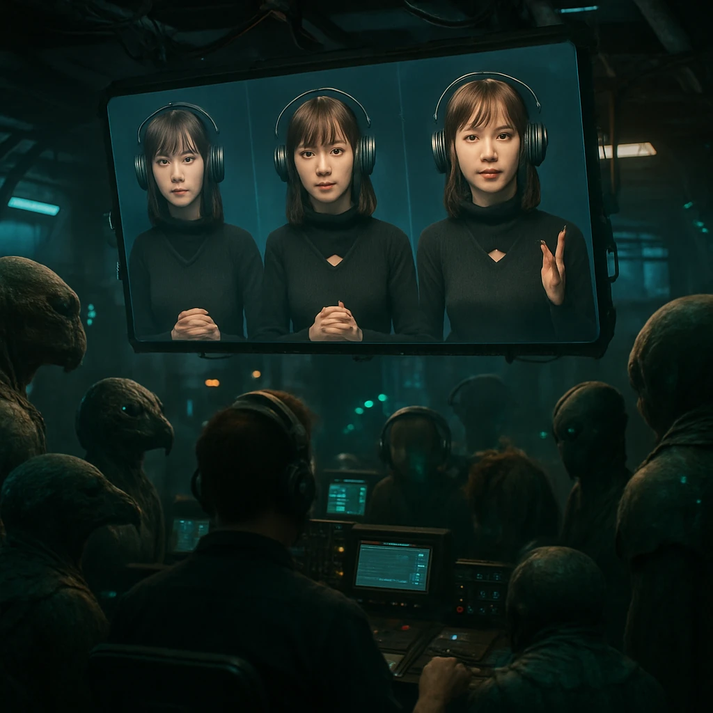 三つの異なる表情を持つVTuberが浮遊スクリーンに映し出され、多様な知性体の群衆が見守る未来的なスタジオの様子。