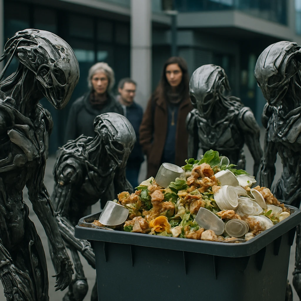 未来的な都市で、ごみ分別知能体が停止し、溢れた廃棄物の前で市民が見守る様子のリアルな写真。