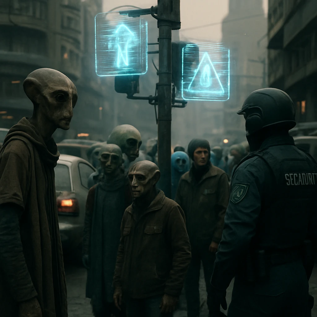 異星の都市交差点で市民と治安部隊が混乱の中立ち尽くす様子をリアルに捉えた写真。