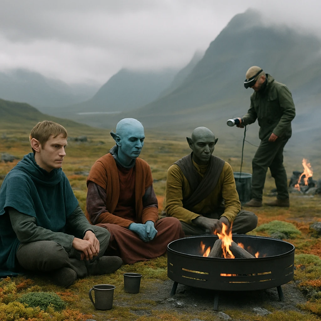異星の高原で焚き火台とメタルカップを取り囲む多種族のアウトドア利用者と機器を検査する人物の様子。