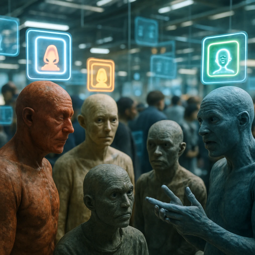 未来的なコミュニティ空間で、頭上に各自の光るデジタル自画像を投影する多様なヴォンナル星住民たちが議論している様子。