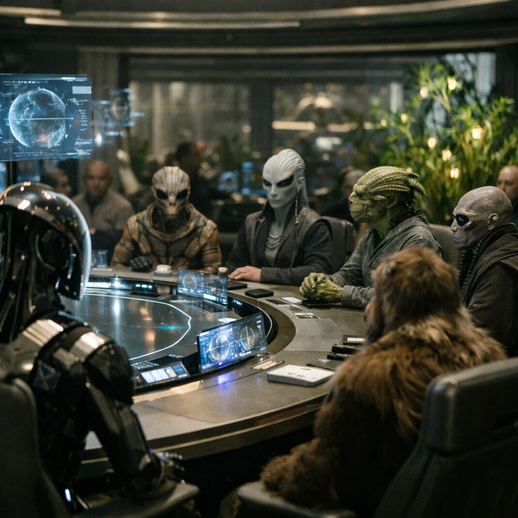 先進的な異星都市の評議会室で、さまざまな種族やAIが円卓を囲み、ホログラムや植物に囲まれて議論している様子。