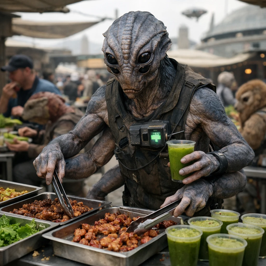六本腕のランクゥ族が公園の屋台で複数の代替肉や苔スムージーを選び、周りで多種族が食事を楽しむ未来的な風景。