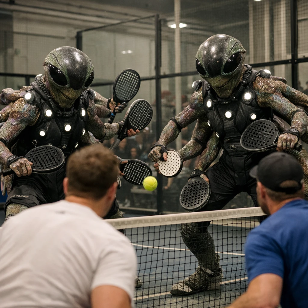 インドアのパデルコートで異星人選手が8本の触手に専用ラケットを装着し、人間選手と白熱した試合をしている様子のリアルな写真。