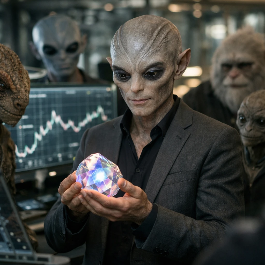 異星人起業家が光る石を手に持ち、未来的なワークスペースで投資家たちに囲まれている写真。