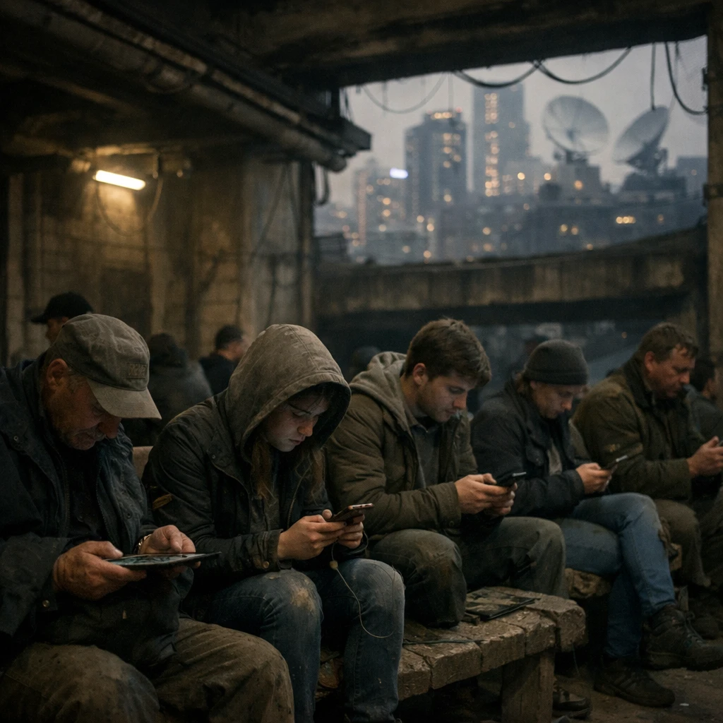 巨大な階層都市の下層で、古い端末を手に弱い公共Wi-Fiに接続しようとする住民たちの様子。