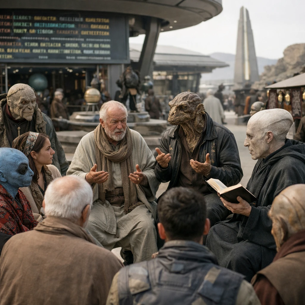 未来的な広場で様々な異星人や人間が集い方言祭典のパフォーマンスや議論を交わしている様子の写真。