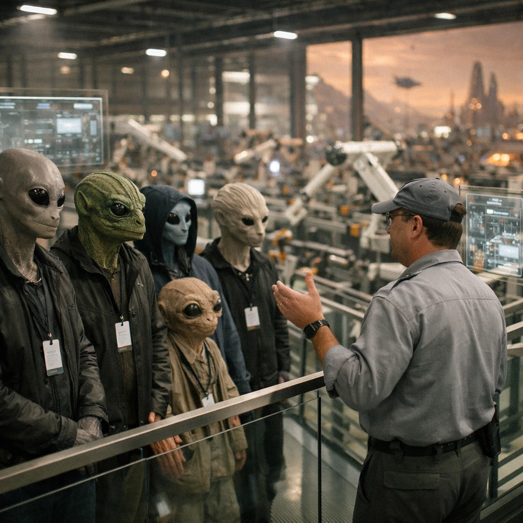 多様な姿の異星人観光客たちが工場内のパノラマ廊下を歩き、背後には自動生産ラインや発光する設備が広がっている様子の写真。