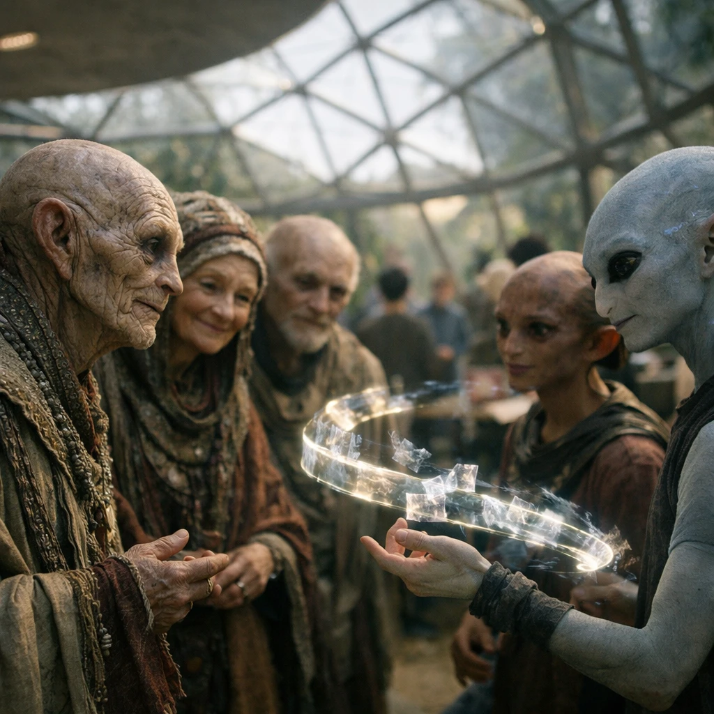 先進的なドーム内で、特徴的な衣装を纏った高齢の異星人と若年の異星人たちが交流し、ホログラムの記憶が漂う様子を捉えた写真。