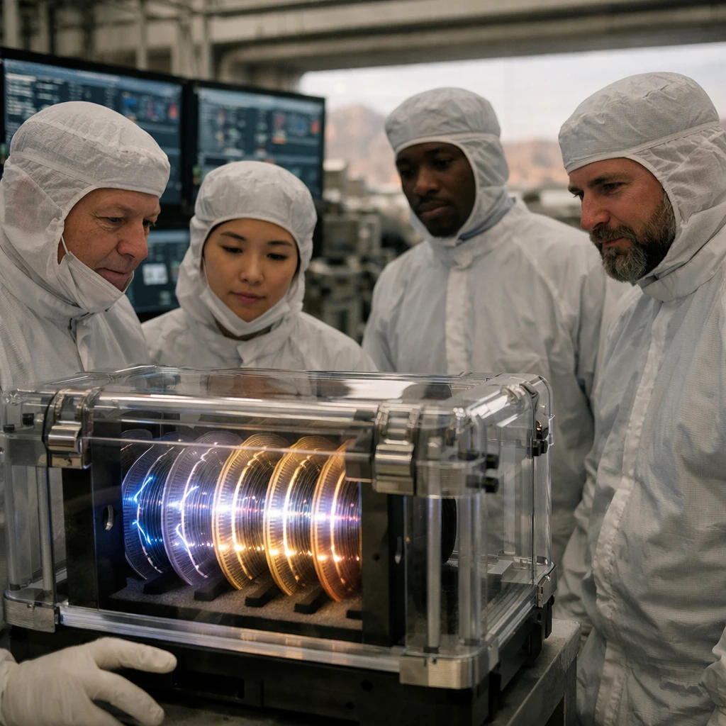 未来的な半導体工場で技術者たちが量子パルス印付きのウエハーを収納したケースを見守る場面。