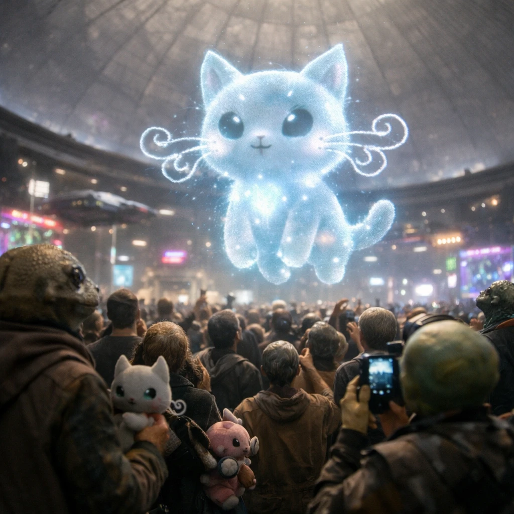 未来的な広場で多種多様な異星人たちが巨大なドームの下、空中に投影された猫型キャラクターに注目している様子の実写風写真。