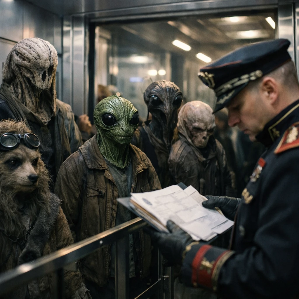 様々な特徴を持つ異種生命体が高機能な迷宮施設の入り口で順番を待ち、担当者が書類を確認している様子の実写風写真。