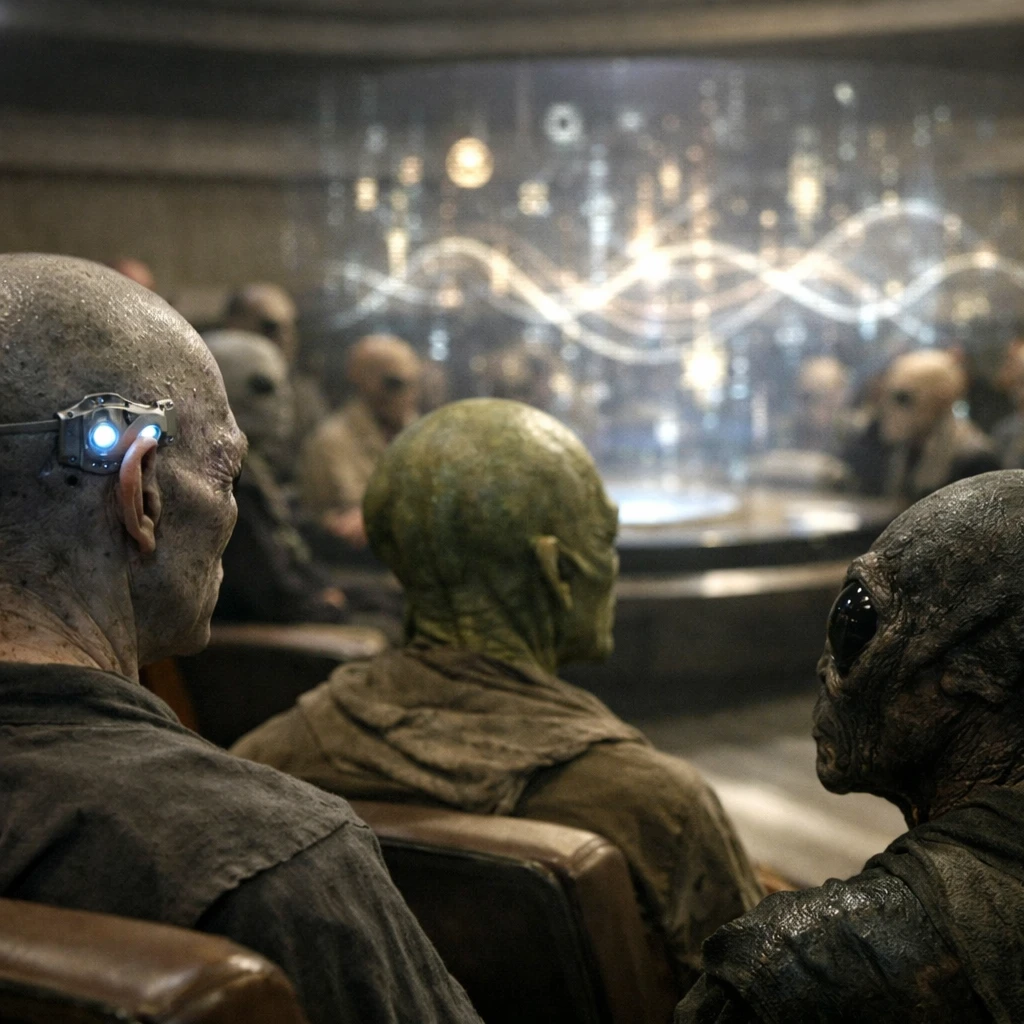 未来的な円形議場で異星人たちがホログラムの光やシンボルを注視している様子の実写風写真。