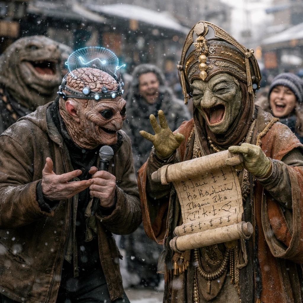 極寒の雪景色の中、複数の異種族観客が見守る路上で先進的な脳波装置を装着した二人組のコメディアンがパフォーマンスをしている。