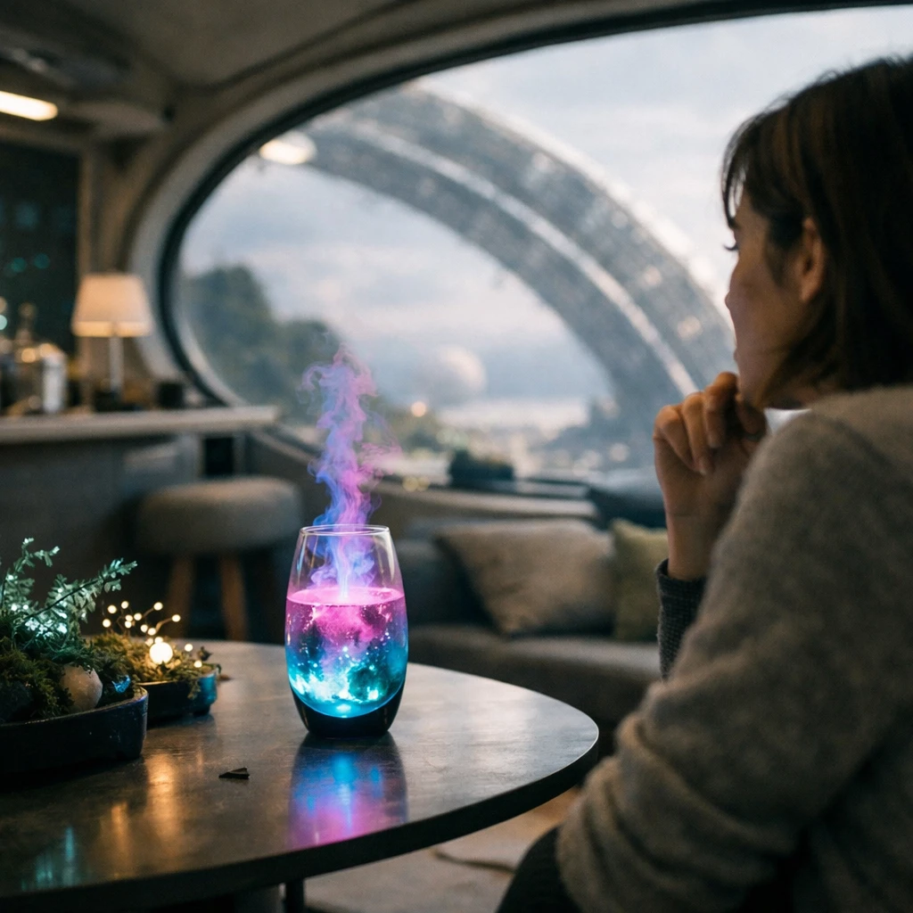 蛍光色の液体が入ったグラスが光る近未来的な住居ポッド内のおうちカフェ空間と、それを楽しむ住民の一瞬。
