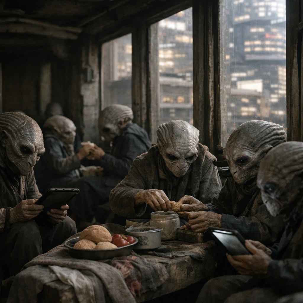 多層都市の下層で薄暗い共同スペースに集まるエイリアンの高齢個体たちの様子をリアルに写した写真。