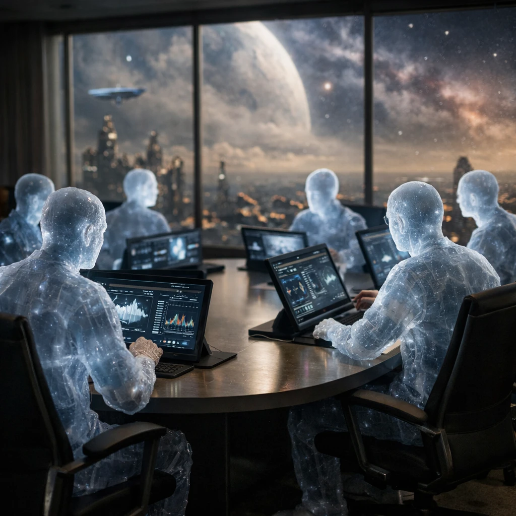 近未来的な会議室で複数の半透明な人型ホログラムが楕円形のテーブルを囲んで座っている様子。