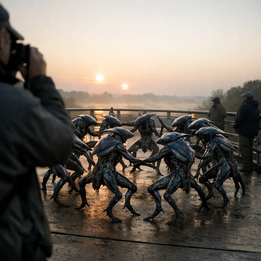 夜明けの橋の上で多脚生物たちが円陣を組み、光を反射させながら踊っている様子。