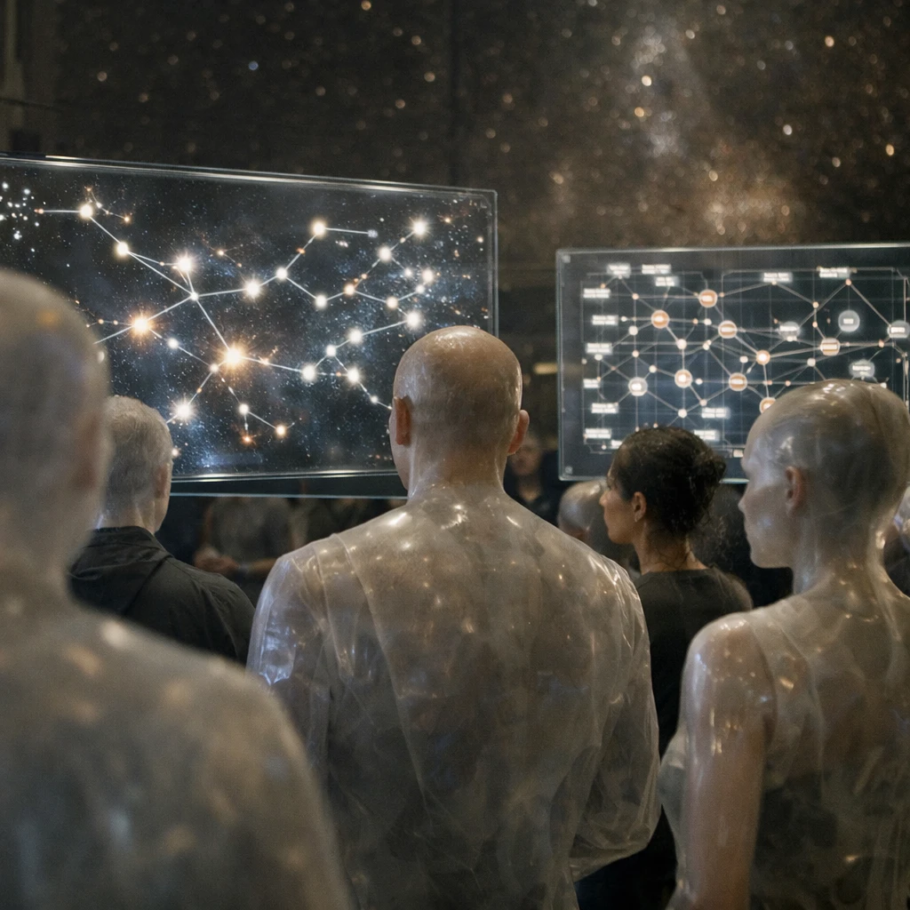 星空模様の壁に囲まれた広いホールで、半透明の多様な人型集団が浮遊するホログラム上の分岐した銀河地図や物語図を囲んでいるシーン。