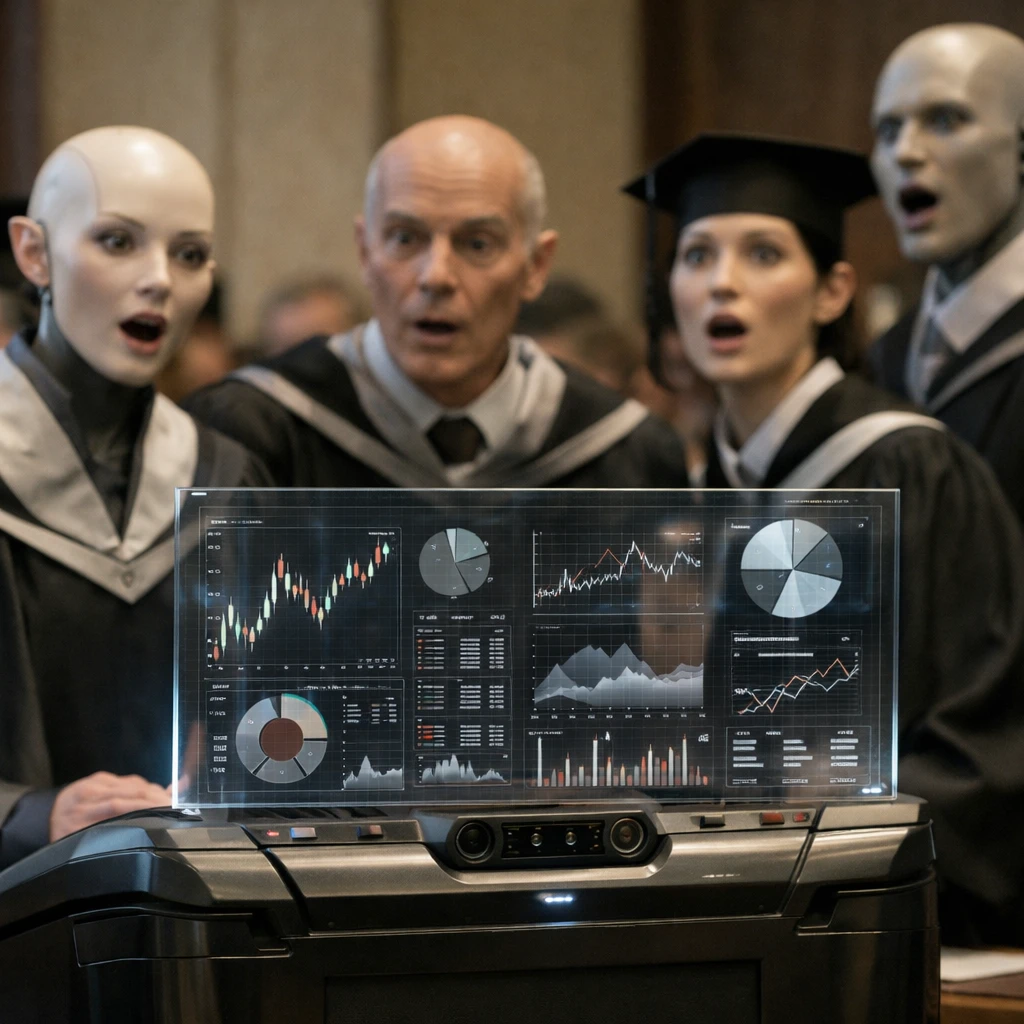 未来的なアカデミックホールで、透明なホログラフィック画面にデータを表示するAI装置と、それを驚きの表情で囲む研究者たちの写真。