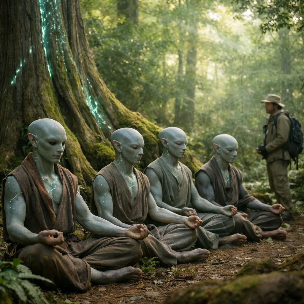 巨大な木々とその足元で瞑想するゾルマール種の人々、自然光が差し込む幻想的な森林の一場面。