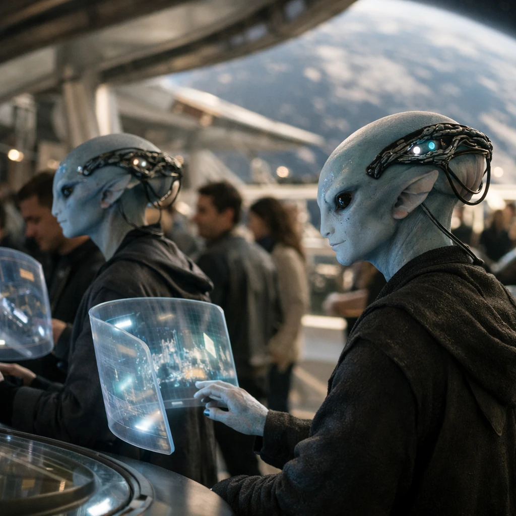 惑星軌道都市の未来的な広場で、有機的なデバイスを脳冠部に装着したアナプシ族がホログラム画面に脳波で意思決済している様子のリアルな写真。