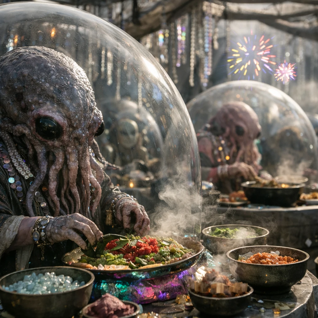 透明なドーム内で多触手の異星人たちが色鮮やかな料理や装飾、ホログラム花火とともに新年祭を祝う様子の写真。