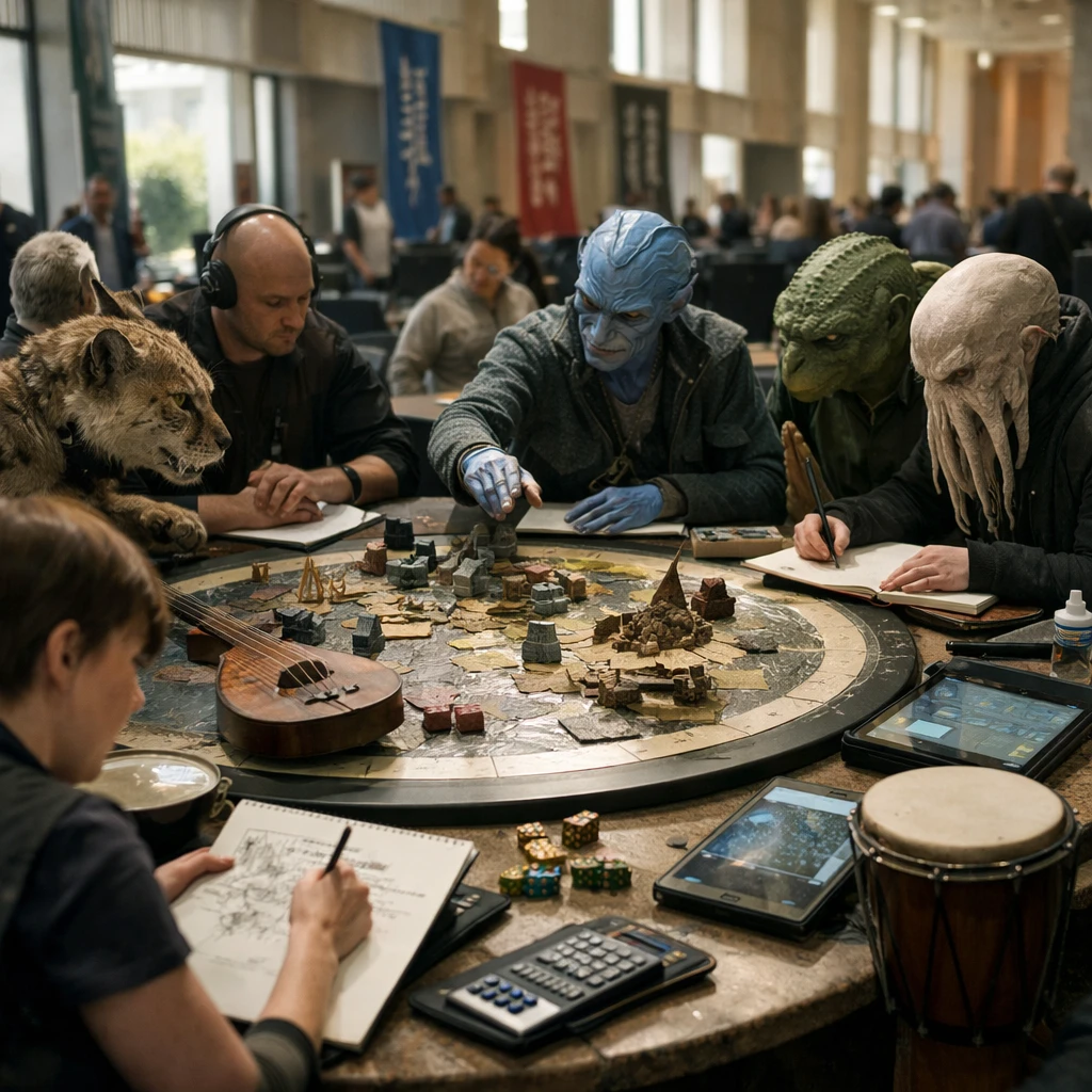 異なる種族の参加者たちが円卓で多様な趣味分野のアイテムに囲まれ、協力し合う様子のリアルな写真。