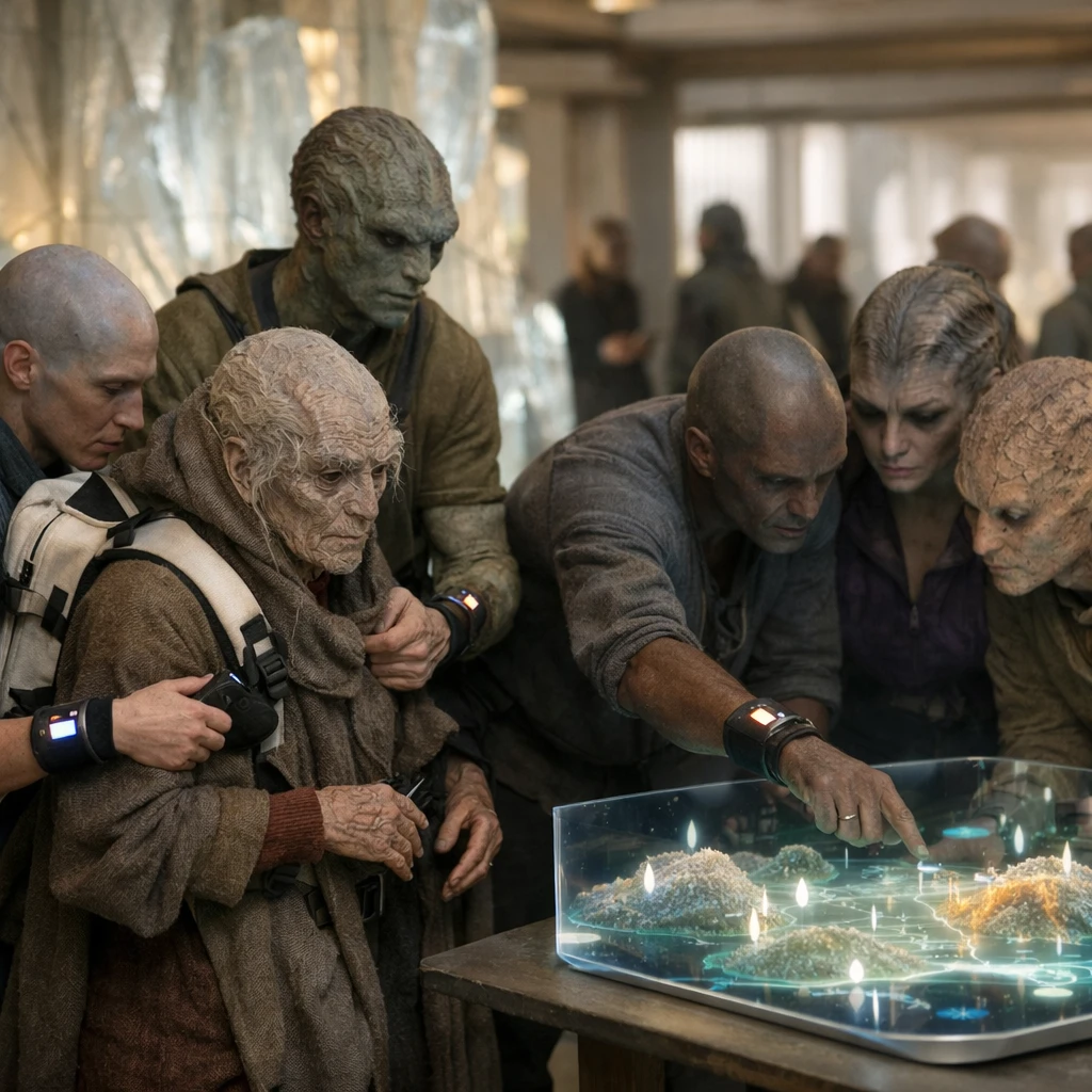 シンドラ星のコミュニティセンターで、触覚センサーバンドを身に付けた住民たちがホログラムの地図や非常袋を囲み協力している様子。