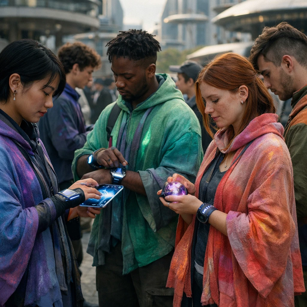 未来的な都市広場で、色が変化するストールを身にまといウェアラブルデバイスを使って交流するステラリア星の若者たちのリアルな写真。