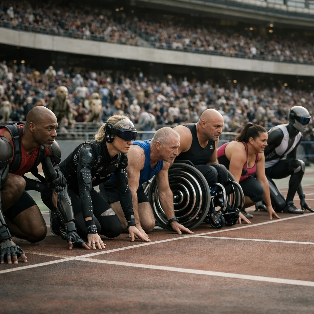 多様な身体や装備を持つ異星アスリートたちが、未来的な競技場でスタートを待つ様子のリアルな写真。