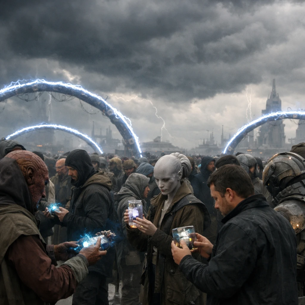 雷雲の下、未来的な都市広場で人々がエネルギーをやり取りし、光るアーチと透明な装置が目立つ集会の写真。