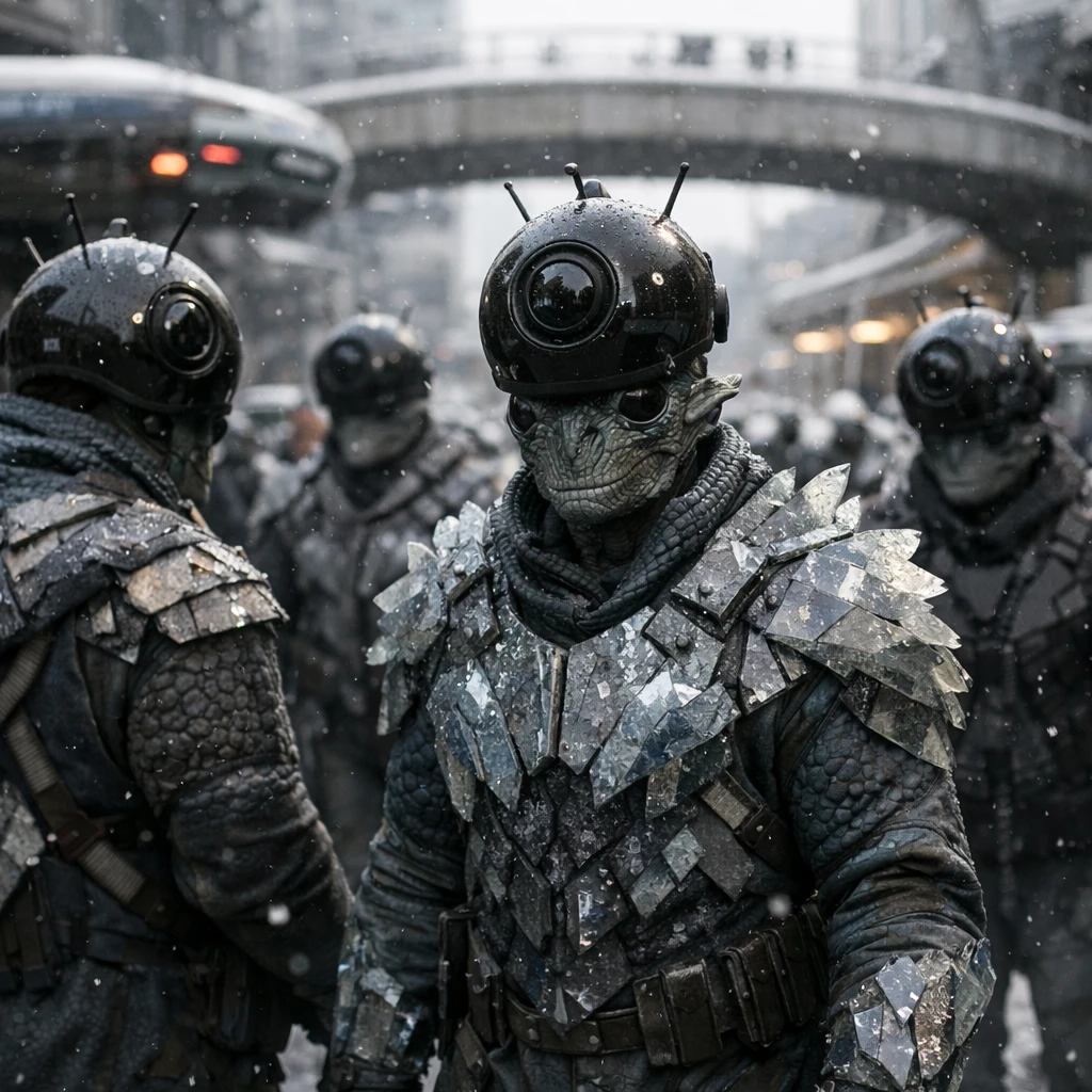 スノヴァシティの都市通りで触角カメラを装着して散策するガンタック族住民たちの写真。