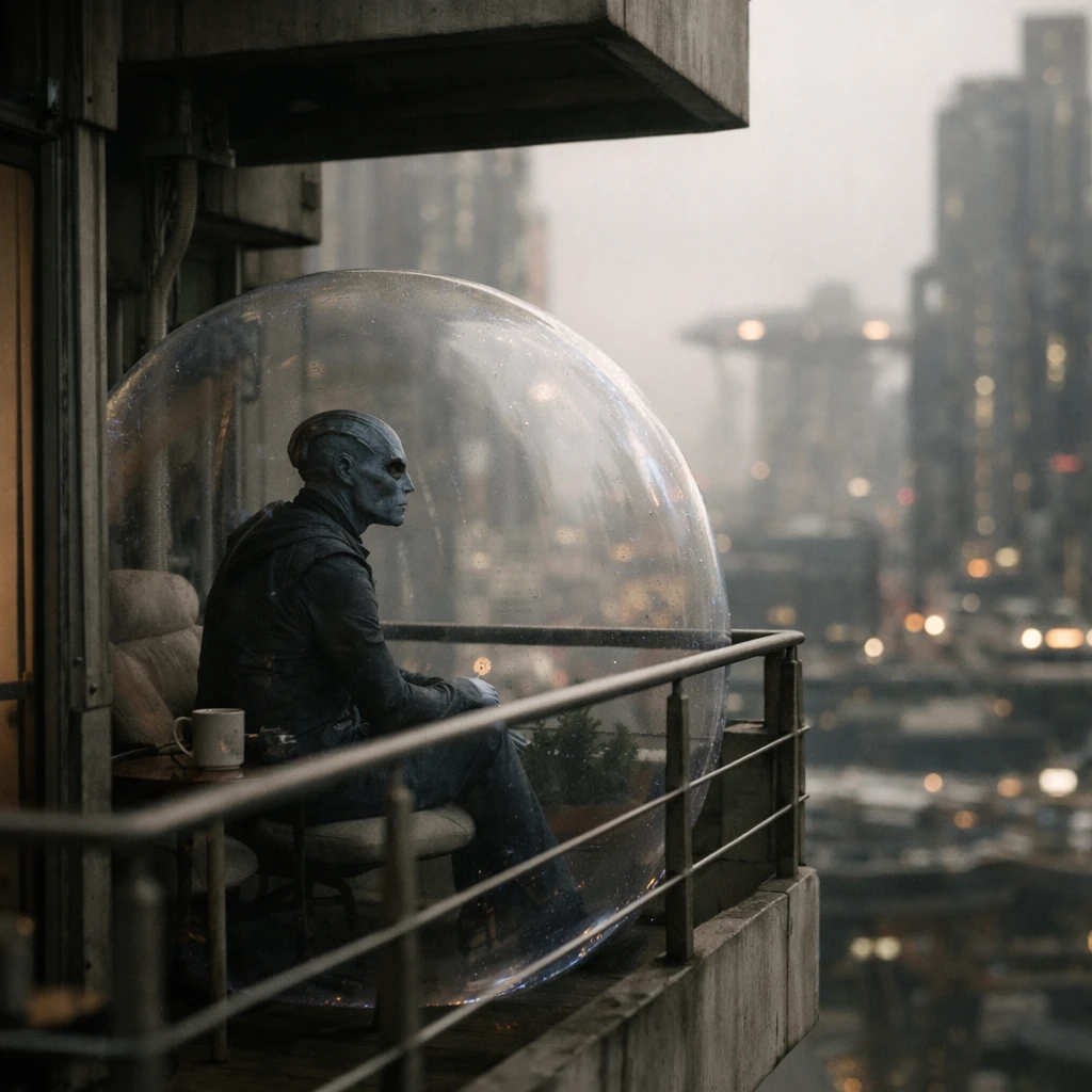 高層都市のバルコニーで一人佇むオルミナ種住民の背中と、周囲に広がる透明なフィールドバブル。