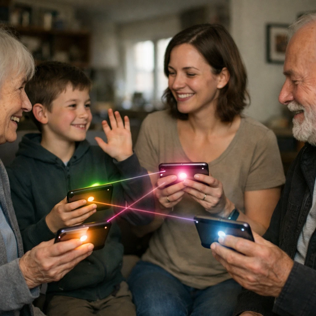 家のリビングで世代の異なる家族が各自の端末を手に取り、優しい色合いの光で遠隔挨拶を交わしている写真。