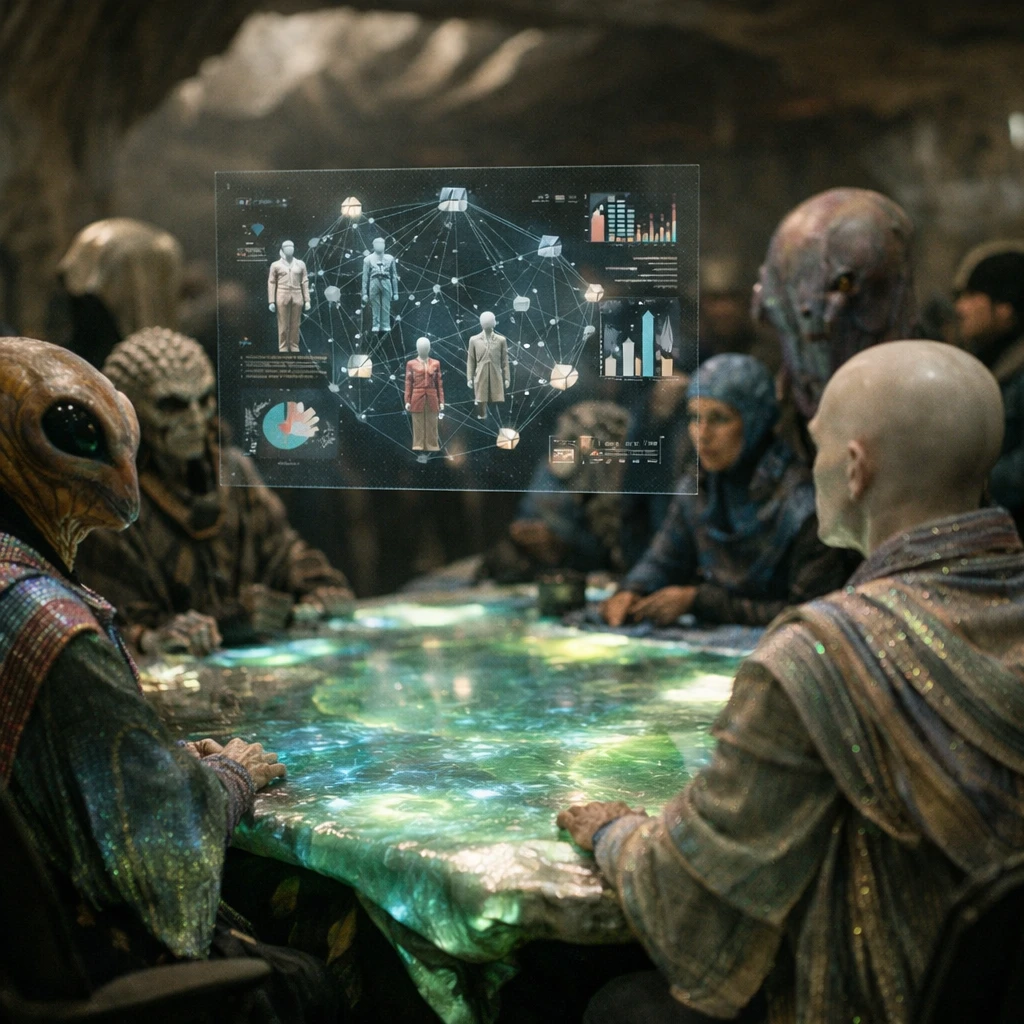 異星種族が先進的な衣服を纏いながら円卓で会議をする様子のリアルな写真。