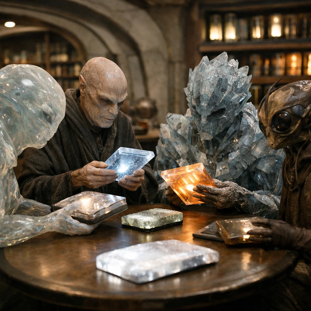 未来的な図書館で多様な種族が光る結晶書籍や装置を囲んで共有し合う様子の写真。