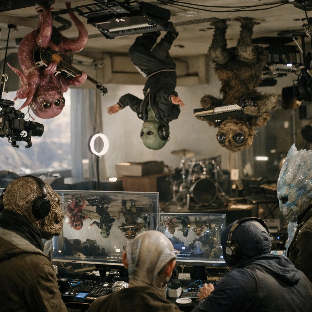 異星人クリエイター集団が重力反転した近未来スタジオで動画を撮影している様子の写真。