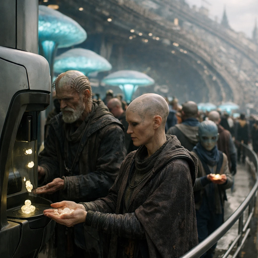 螺旋状の歩道を歩く多様な市民たちが、無人フードステーションから手に発光する食料を受け取り、周囲に巨大なキノコ型装置が並ぶ未来都市の一場面。