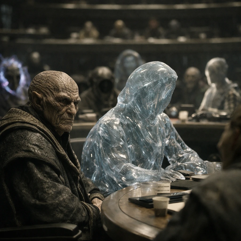 多様な種族のエイリアン議員たちが円卓を囲み真剣に議論している宇宙議会の一幕。