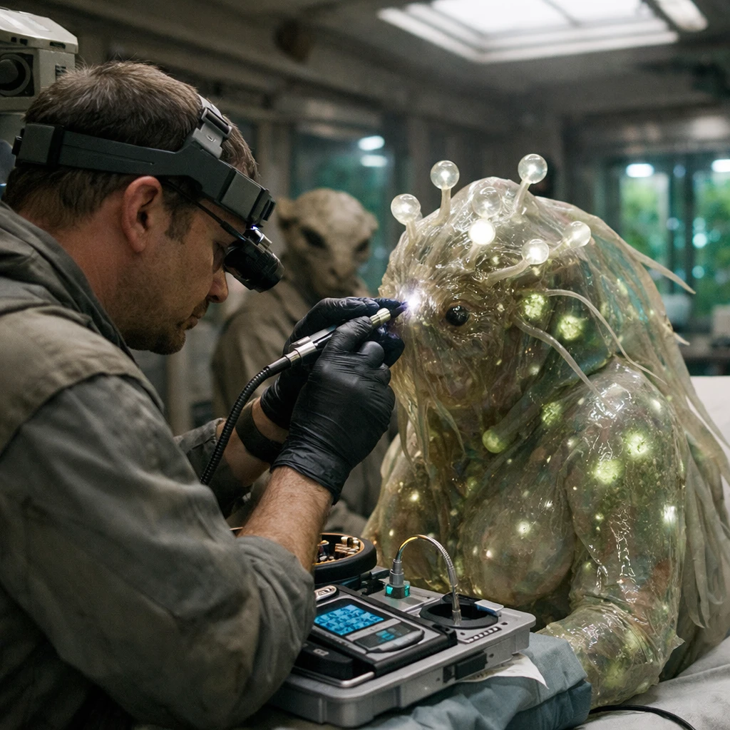 オリム星系のクリニックで、トィクス＝ゼン種の住民がナノスポアIoT端末の移植を受ける様子を写したリアルな写真風の一場面。