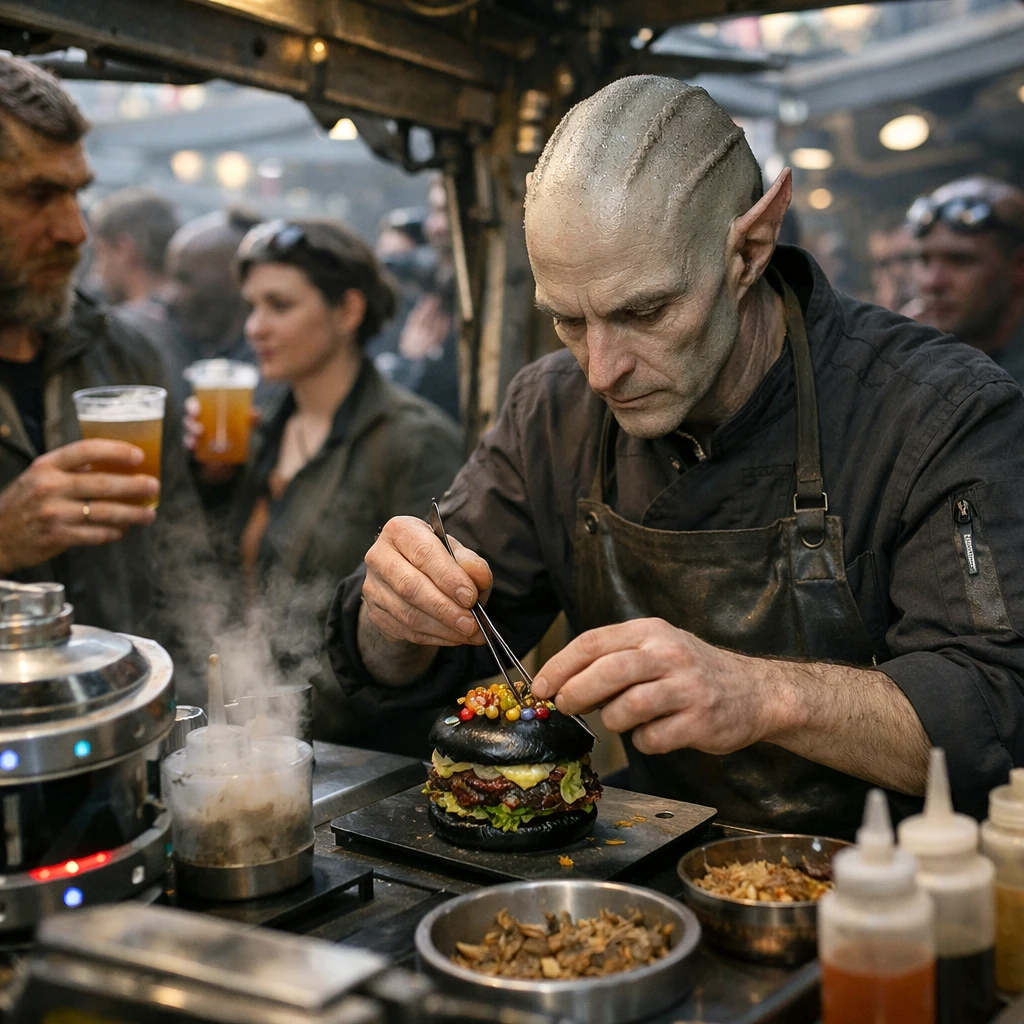 未来的な都市の屋台で異星人の料理人が分子昆虫バーガーを作り、様々な住人がクラフトビールを楽しむ様子の写真。