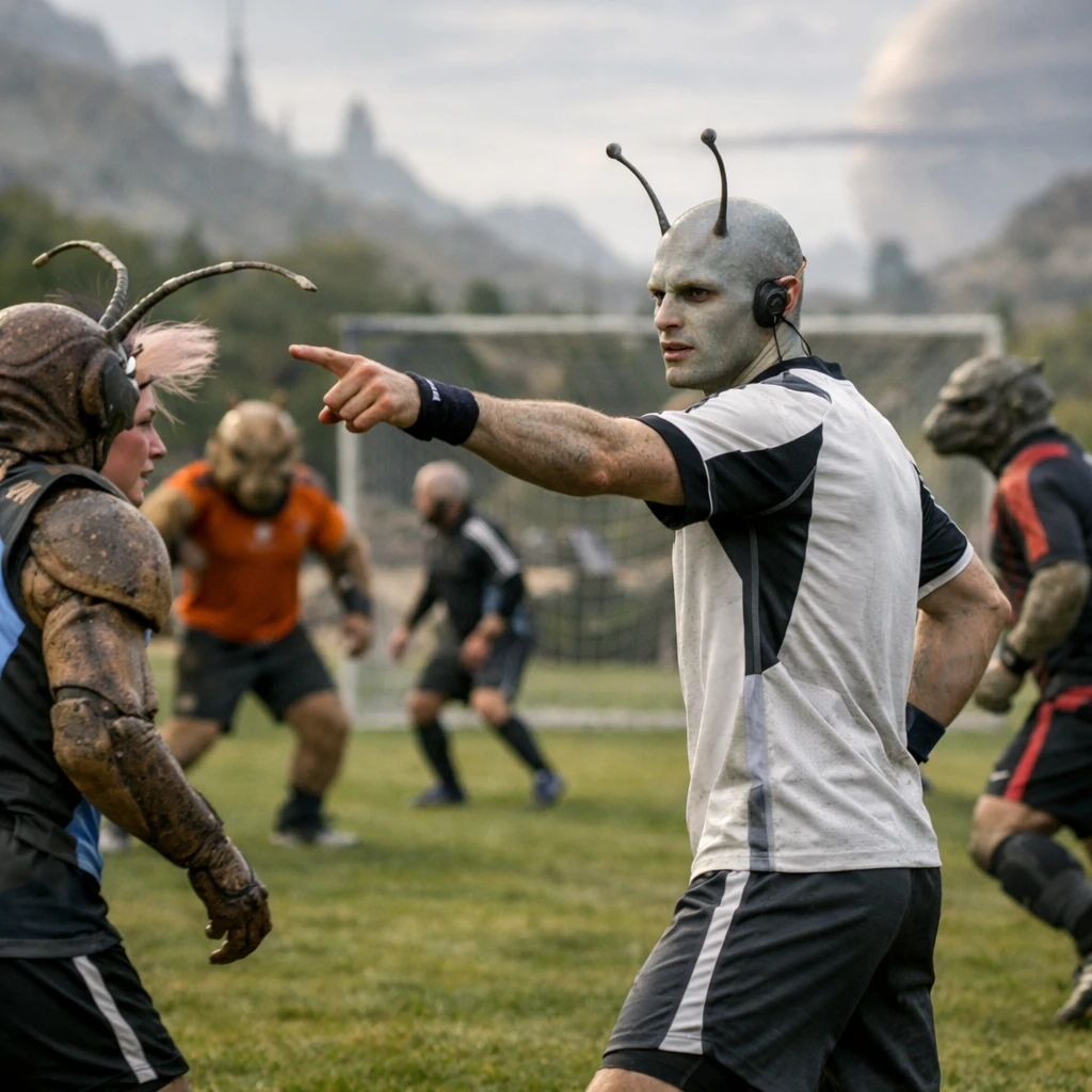 異星人の様々な種族が人工芝コートでフットサルの試合中に触角ジェスチャーや通信器を使って連携する実写風の一場面。