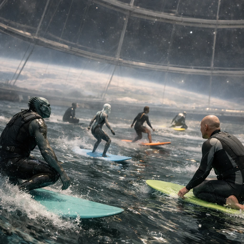 巨大な透明ドーム内で異星人グループが無重力状態でサーフボードに乗り、水の層を浮遊しながら競技している様子の写真風画像。