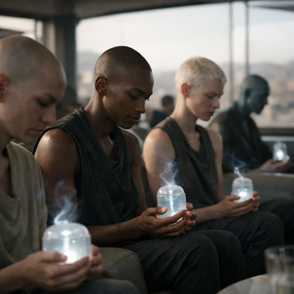 未来的な共用ラウンジでカプセル型端末を手にしたクラジル惑星の市民たちが座っている様子。