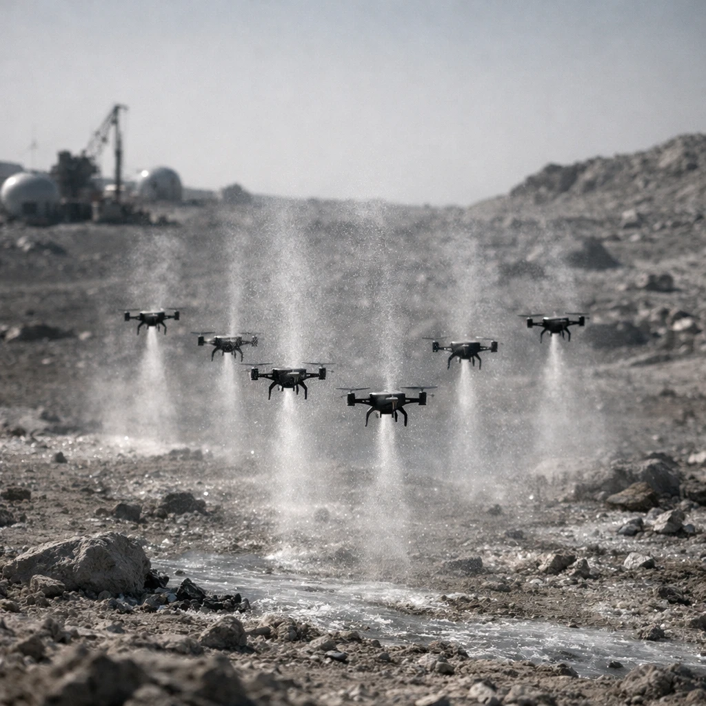 荒涼としたシャルラン第二衛星の表面に多数のドローンが霧状の噴射を上空へ行っている様子の写真。