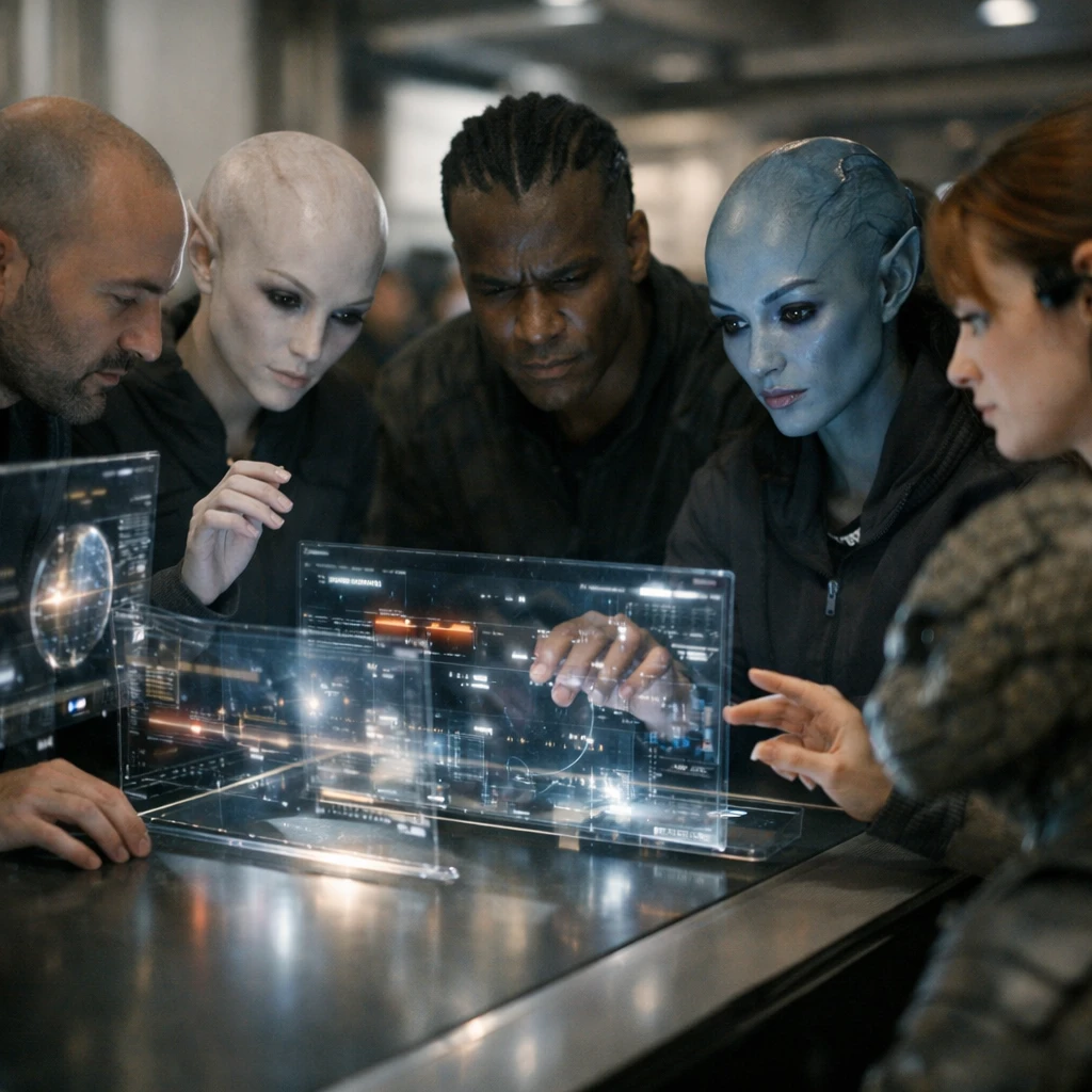 未来的な会議室で多様な外見の人物たちが多層ホログラムUIを操作している様子の実写写真。