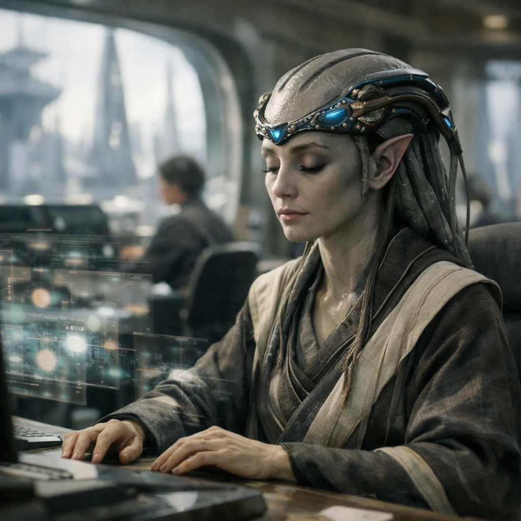 未来的な管理室で、異星人の女性が生体補助装置を装着して集中して仕事をしている様子のリアルな写真。