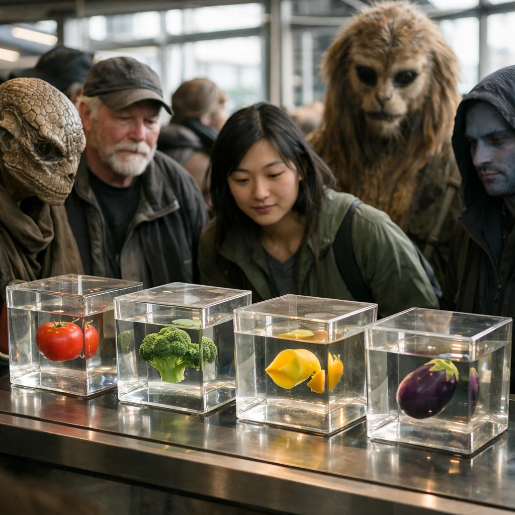 透明な立方体型容器の中で色とりどりの野菜片が無重力状態で浮かび、多様な種族の来訪者がそれを囲む未来的な市場の一場面。